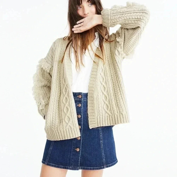 Madewell Cable Knit Fringe Cardigan Sweater 100% Merino Wool Tan Crop - Picture 1 of 13